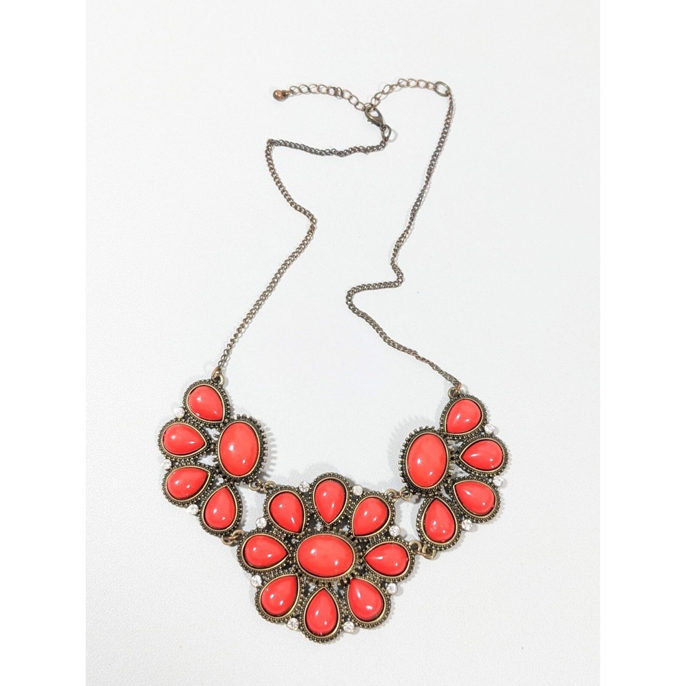 Red Orange Cabochon Statement Necklace Bronze Tone Boho Western Bib 21" - Picture 2 of 9